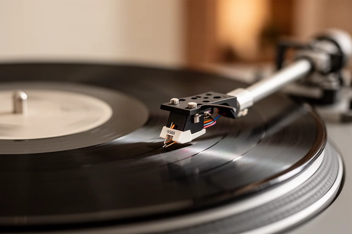 Vue macro d'une pointe de lecture suivant le sillon d'un disque vinyle en rotation
