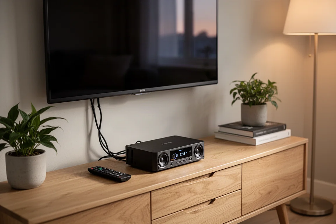Unité audio compacte et télécommande sur un meuble en chêne clair sous un téléviseur dans un petit salon