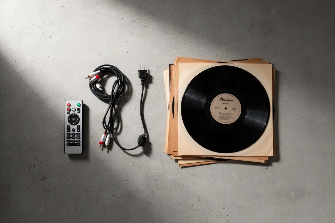 Vue à plat d'une télécommande, d'un câble RCA enroulé, d'un câble d'alimentation et de disques vinyle sur béton
