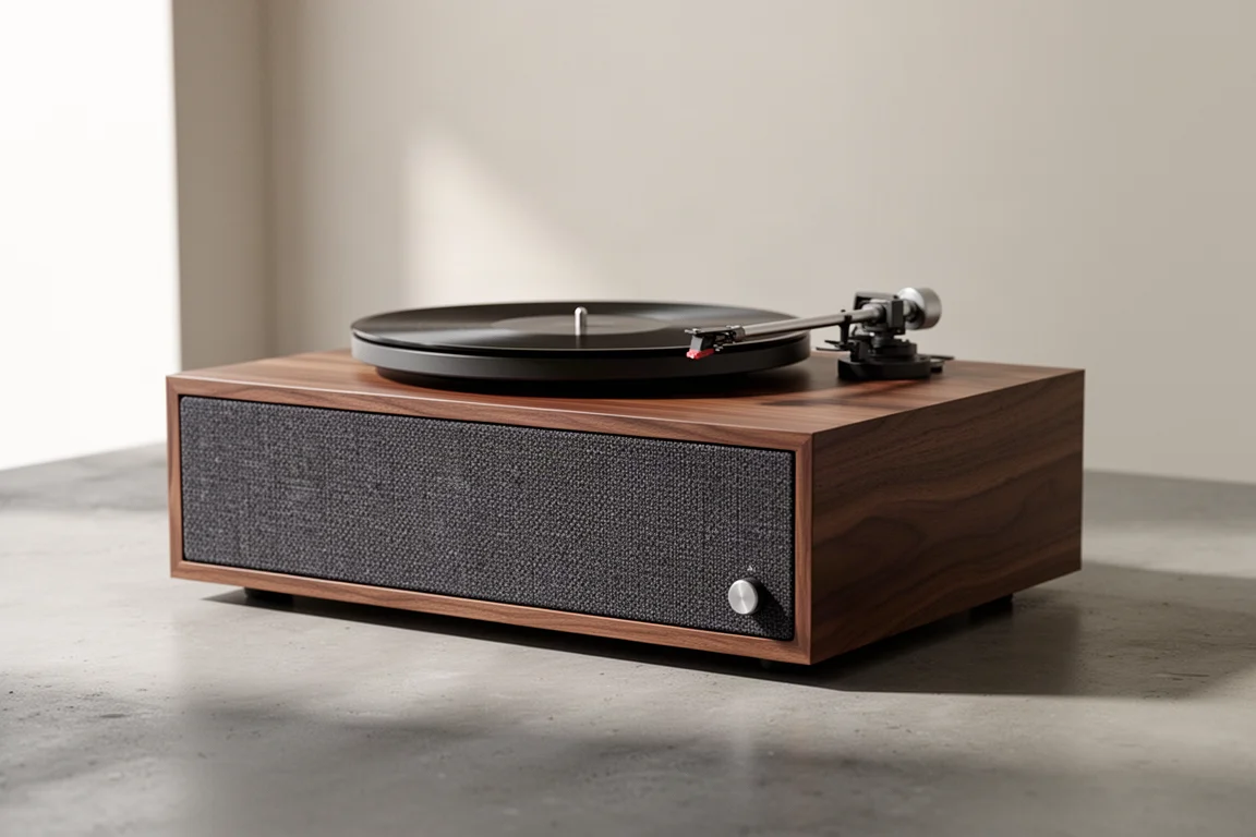 Low-profile walnut speaker base with a slim turntable resting on top in a minimal room