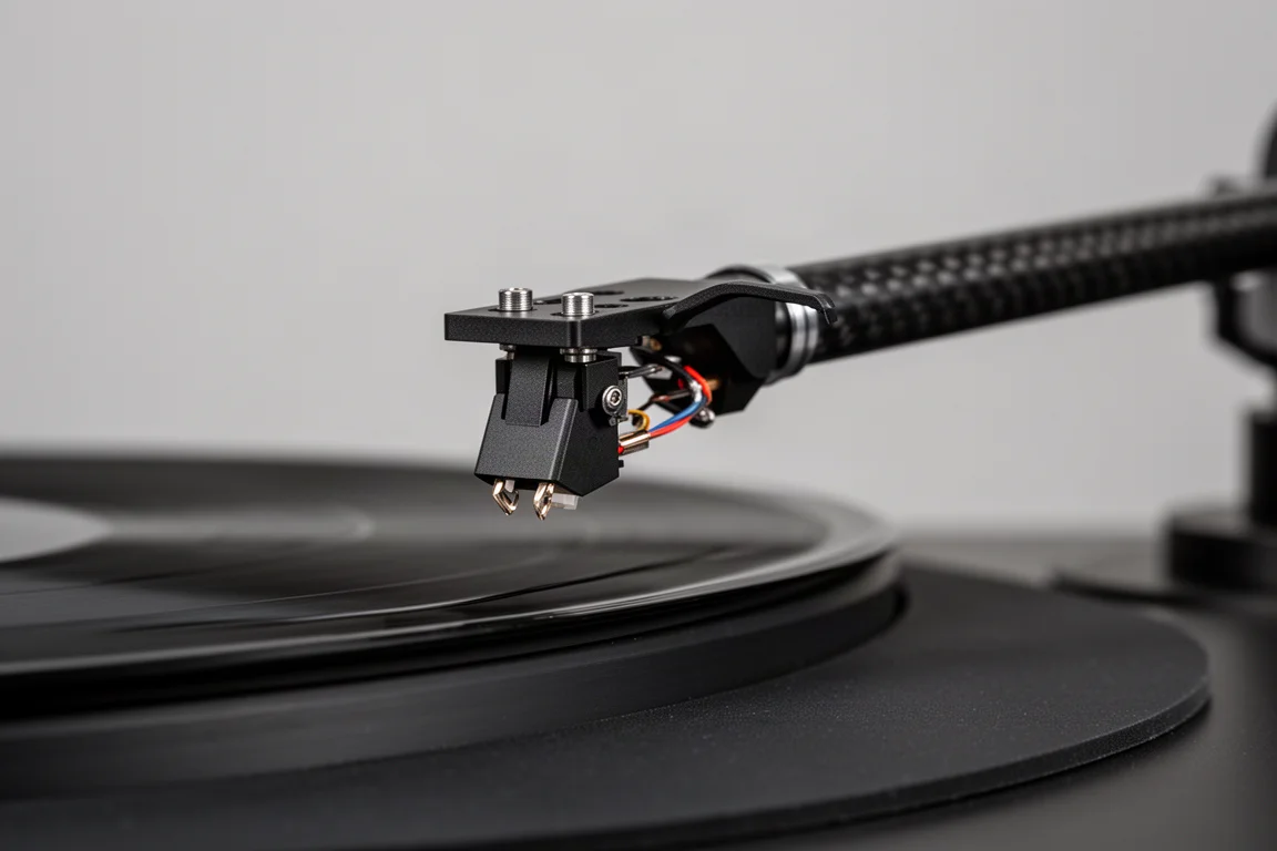 Close-up de um braço de fibra de carbono e cabeçote removível sobre um disco girando