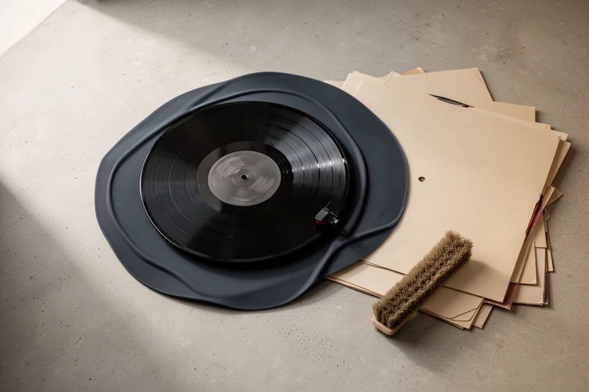 Disco de vinil girando no prato ao lado de uma pilha de capas de discos