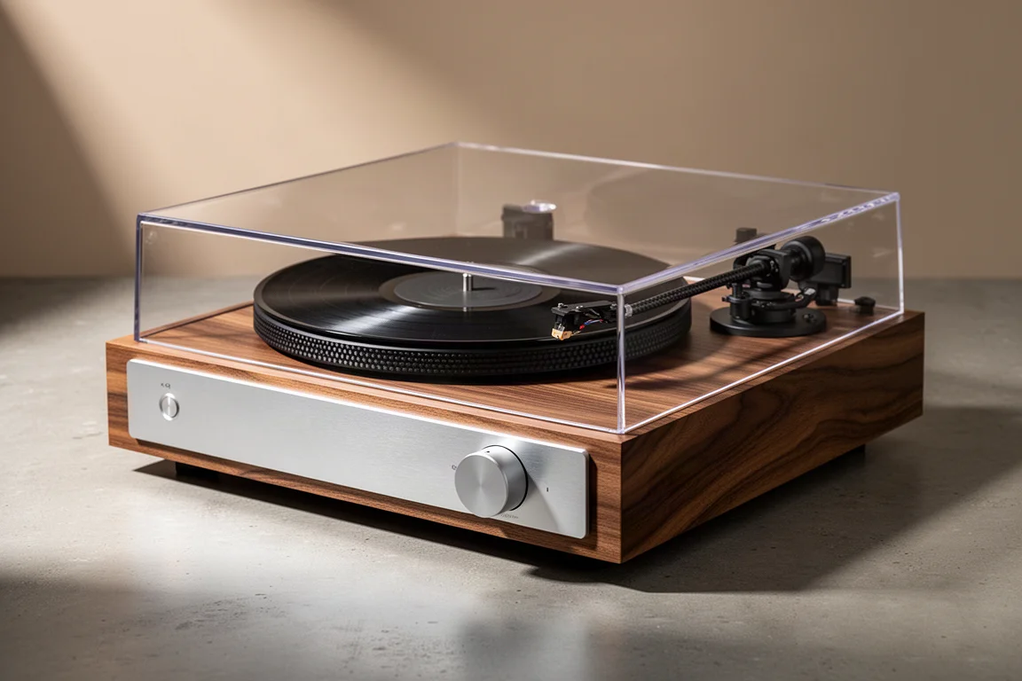 Walnut veneer turntable with aluminium front panel and carbon fiber tonearm on a concrete surface