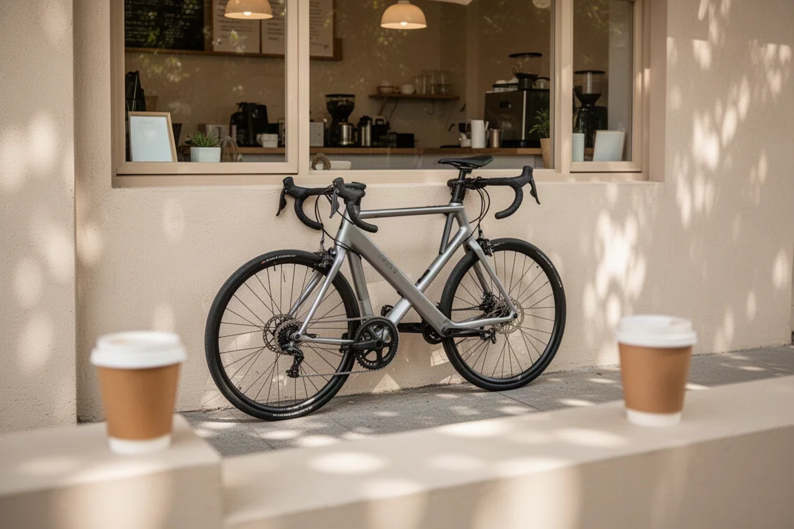 カフェストップで壁にもたせかけたロードバイクと近くに置かれたコーヒー