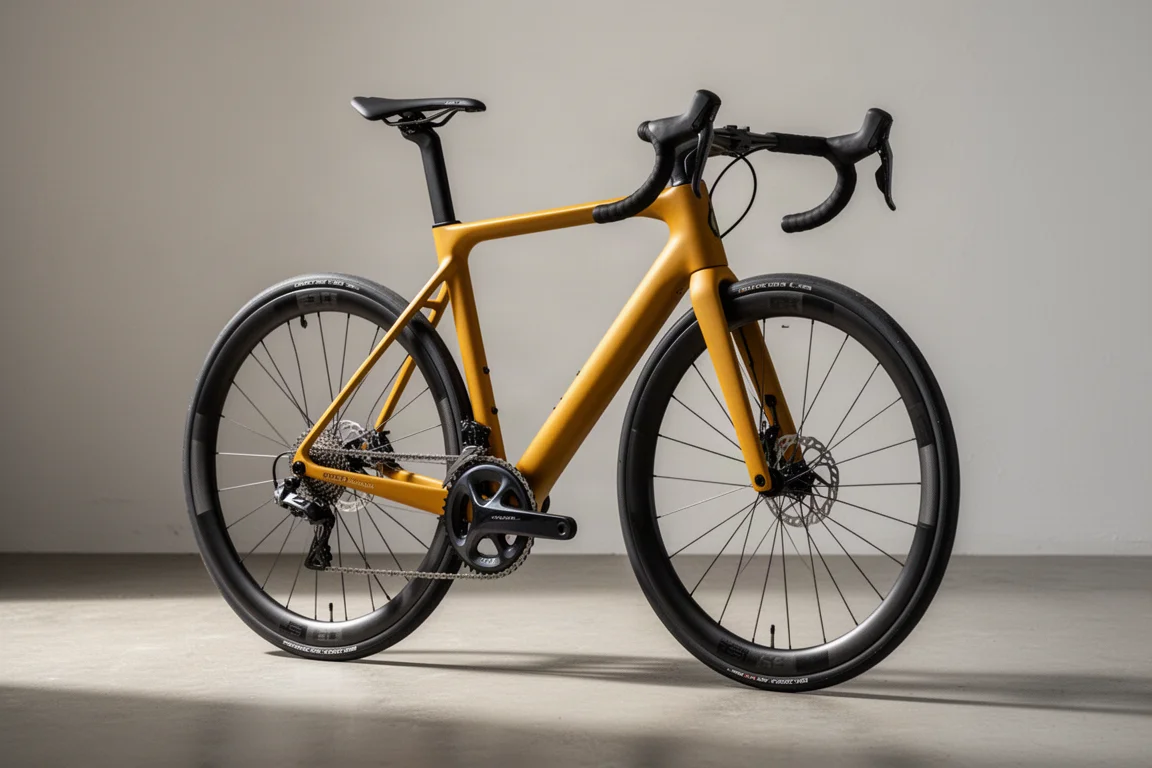 Mosterdgele carbon racefiets met enkel kettingblad en hoogprofielwielen op beton