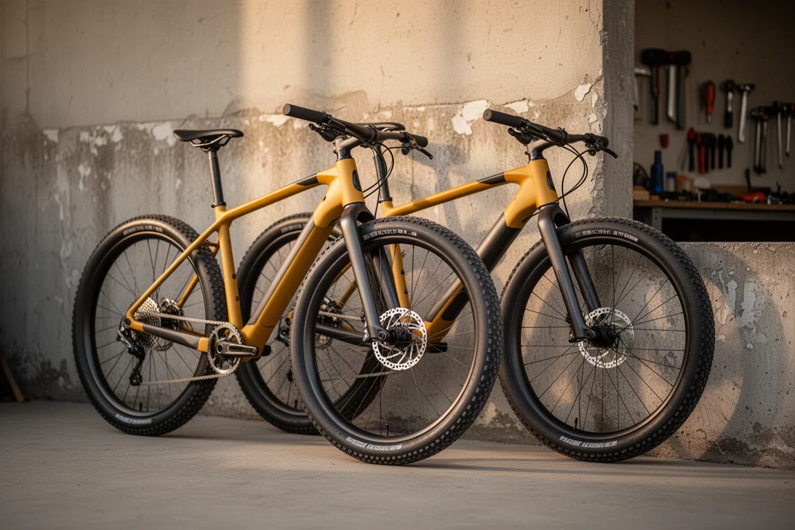 Two carbon bicycles leaning against a concrete workshop wall in warm light