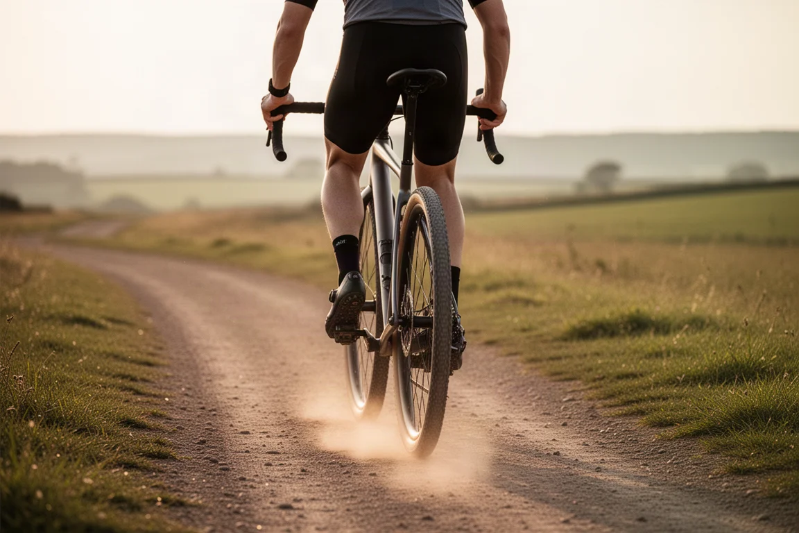 Cyclist riding a gravel bike along a dirt path at golden hour