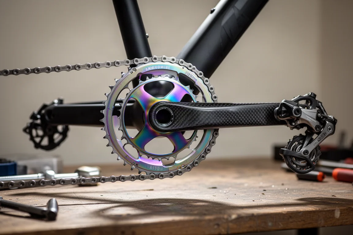 Close-up of a single narrow-wide chainring and rear derailleur on a bike