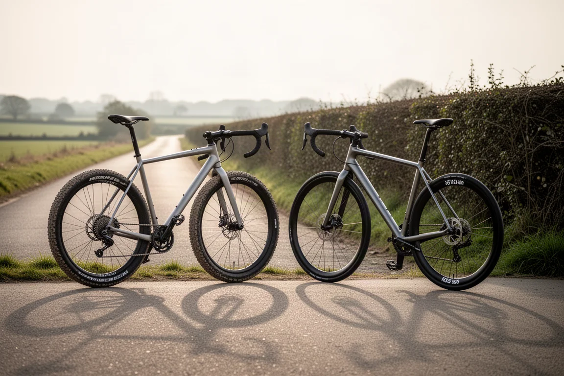 Two bicycles parked side by side on a quiet tarmac lane in morning light