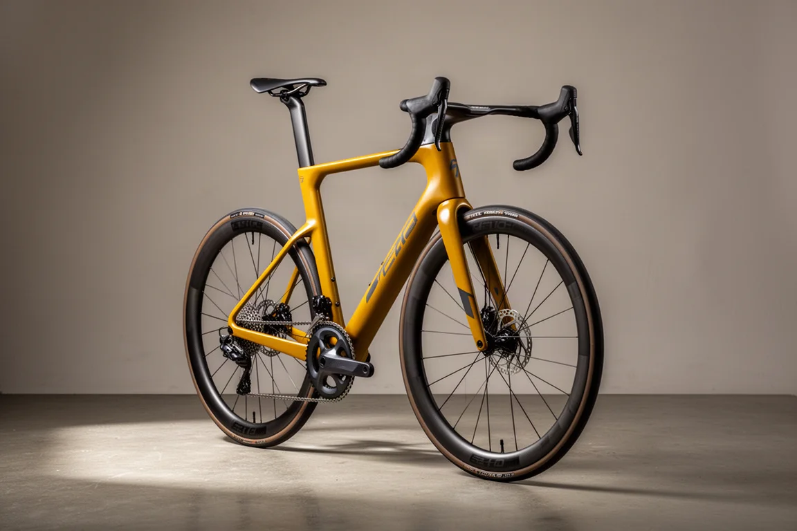 Carbon racefiets in mosterdgeel op beton in een studio-opstelling