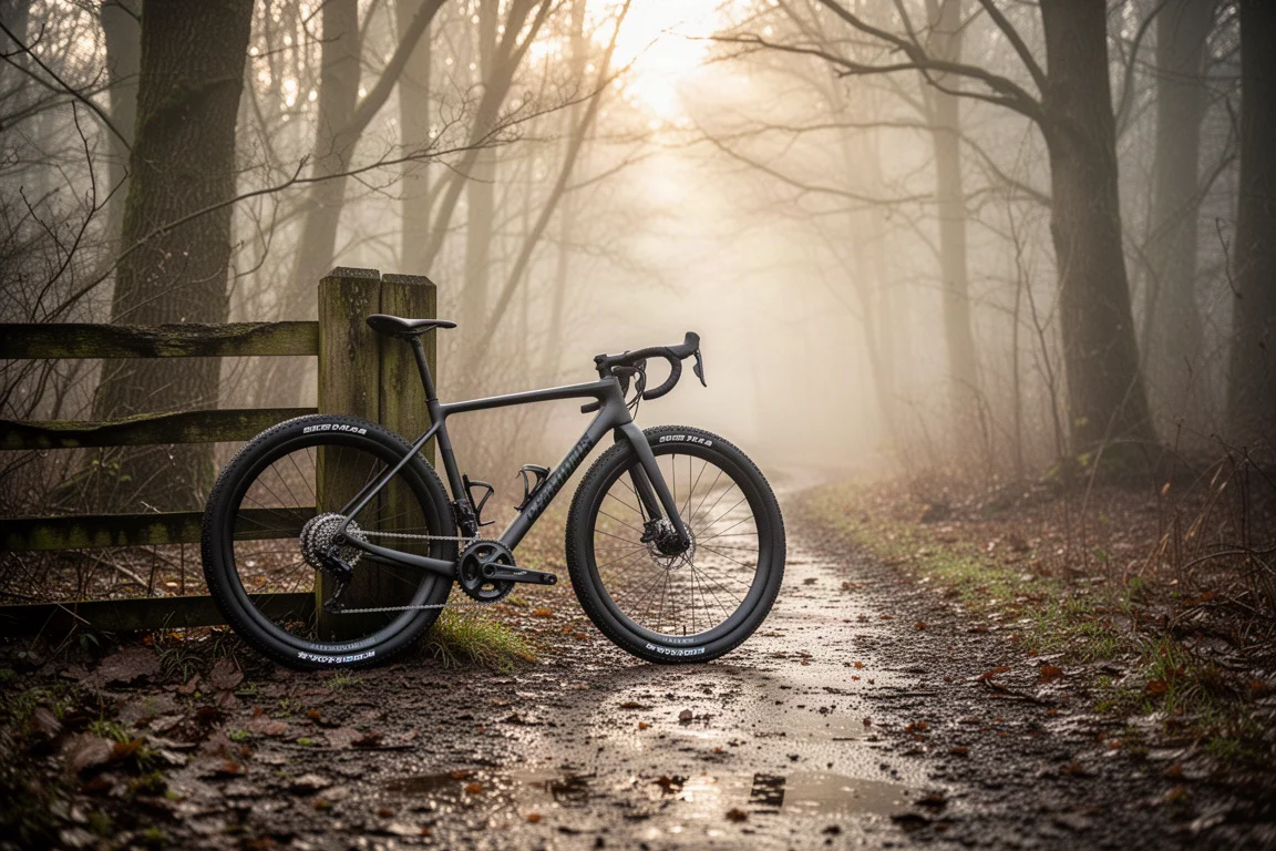 Ciclista de gravel pedalando rápido em estrada de terra lisa na hora dourada com colinas ao fundo