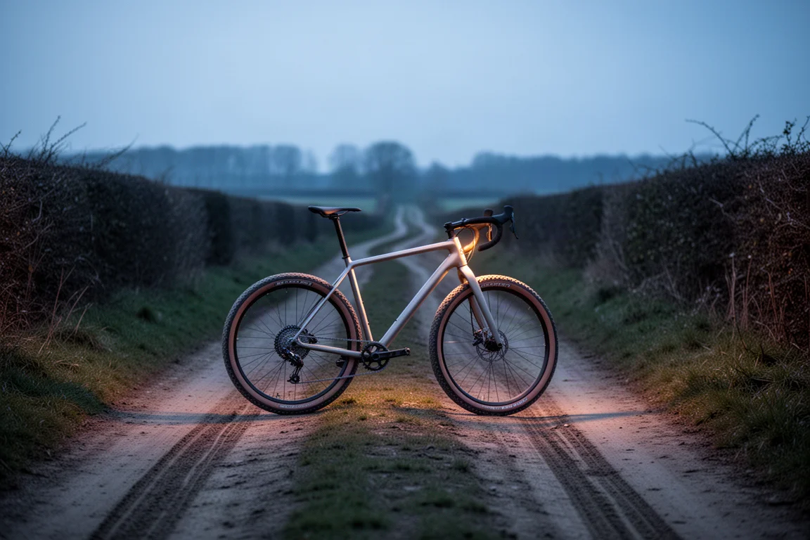 Gravel bike estacionada ao lado de uma mesa de café ao ar livre com uma xícara de café na luz da manhã