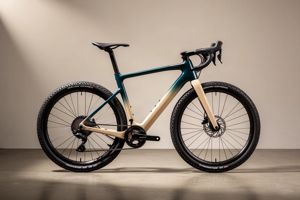 Carbon gravel bike with pink to orange gradient frame on a concrete studio floor