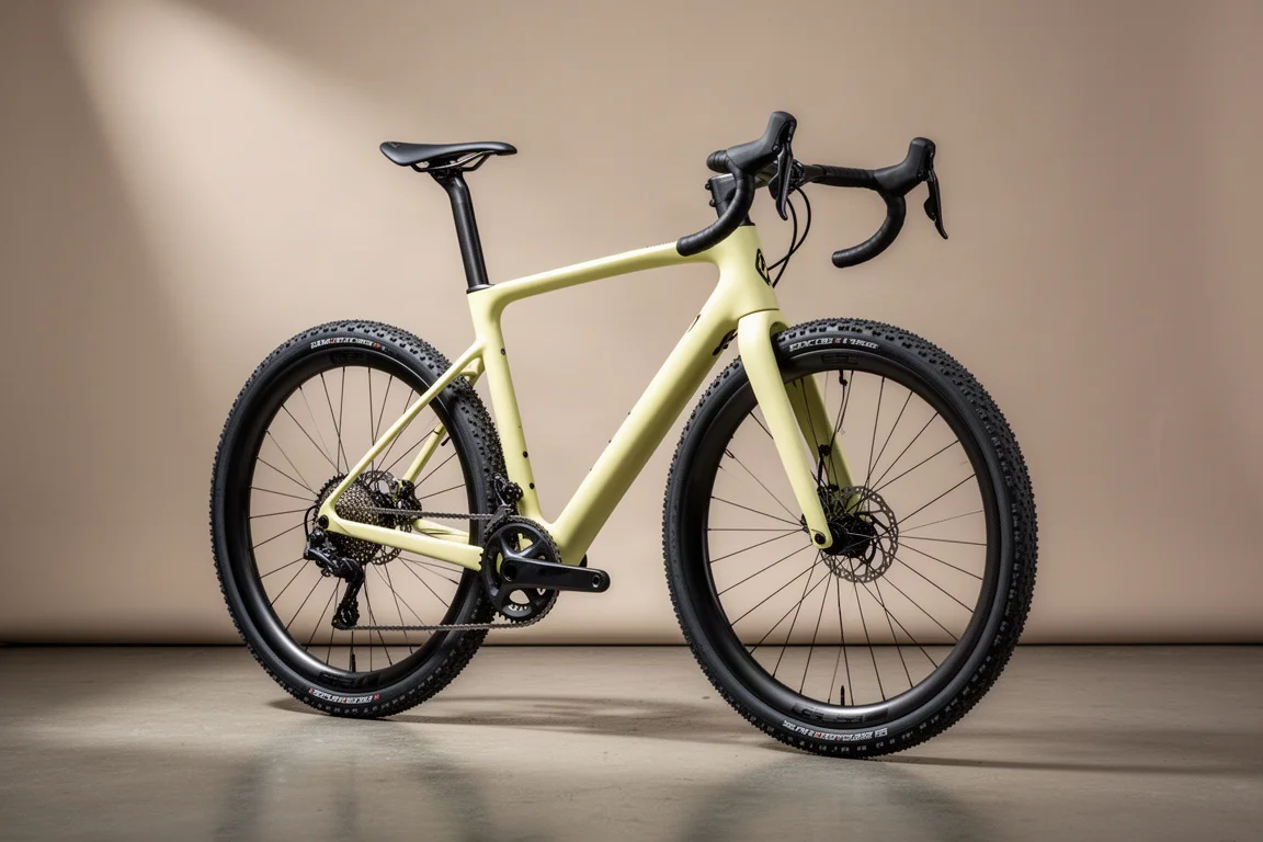 Lichtgele carbon gravelbike met racestuur en brede banden op een betonnen vloer