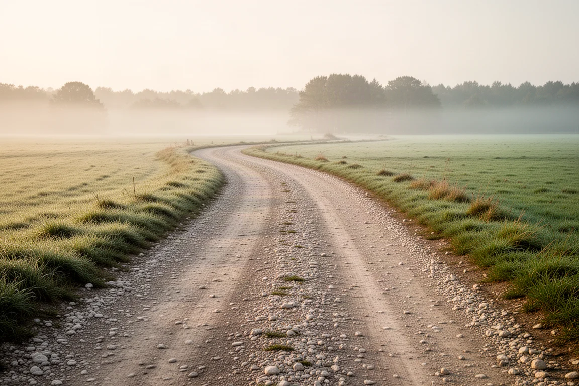 Strada sterrata gravel vuota che serpeggia tra campi aperti nella bassa luce dorata del mattino