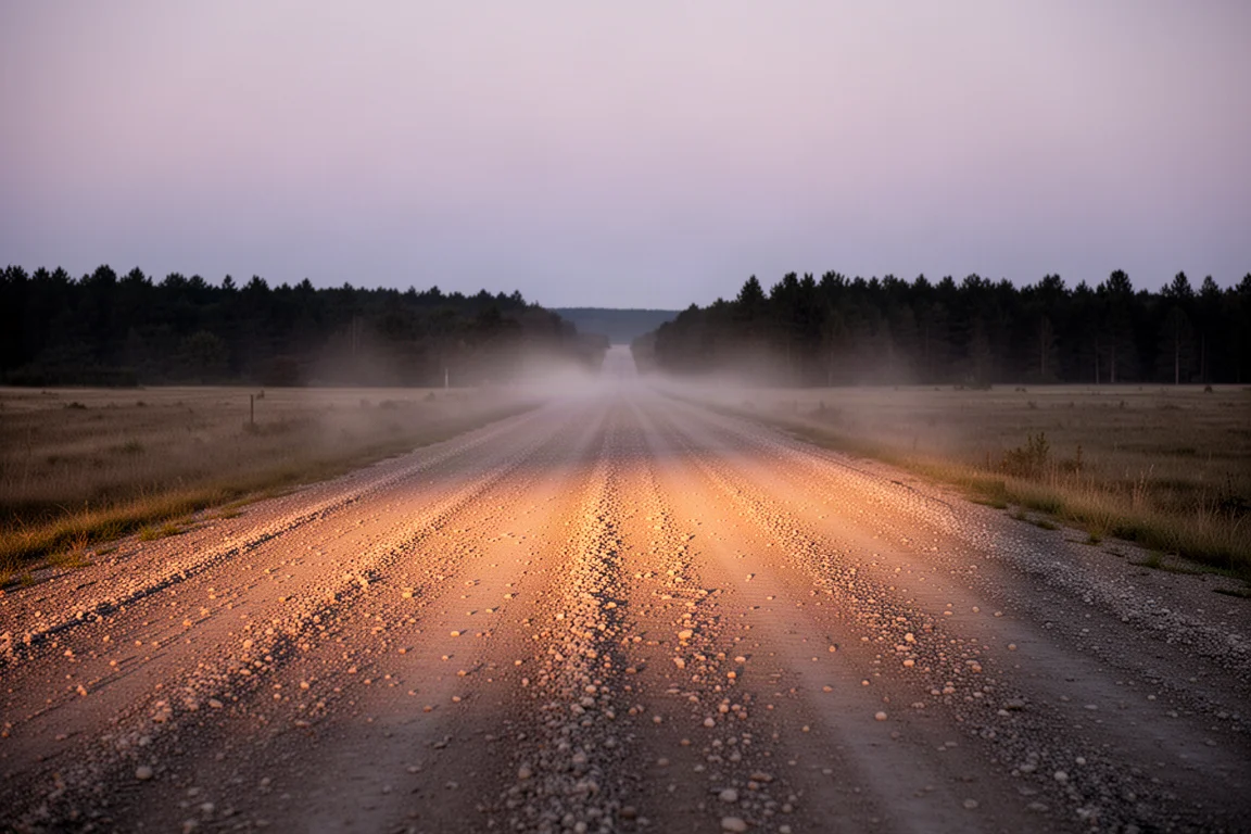 Lunga strada sterrata gravel vuota che si estende verso l'orizzonte al crepuscolo