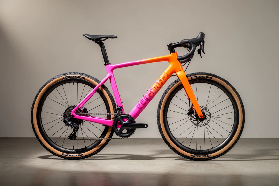 Carbon gravelfiets met een frame in een roze-naar-oranje verloop op een matte betonvloer