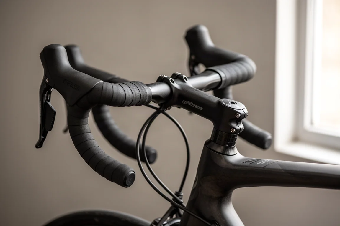 Zbliżenie kokpitu roweru szosowego z owiniętą taśmą kierownicy i ukrytymi przewodami hamulcowymi