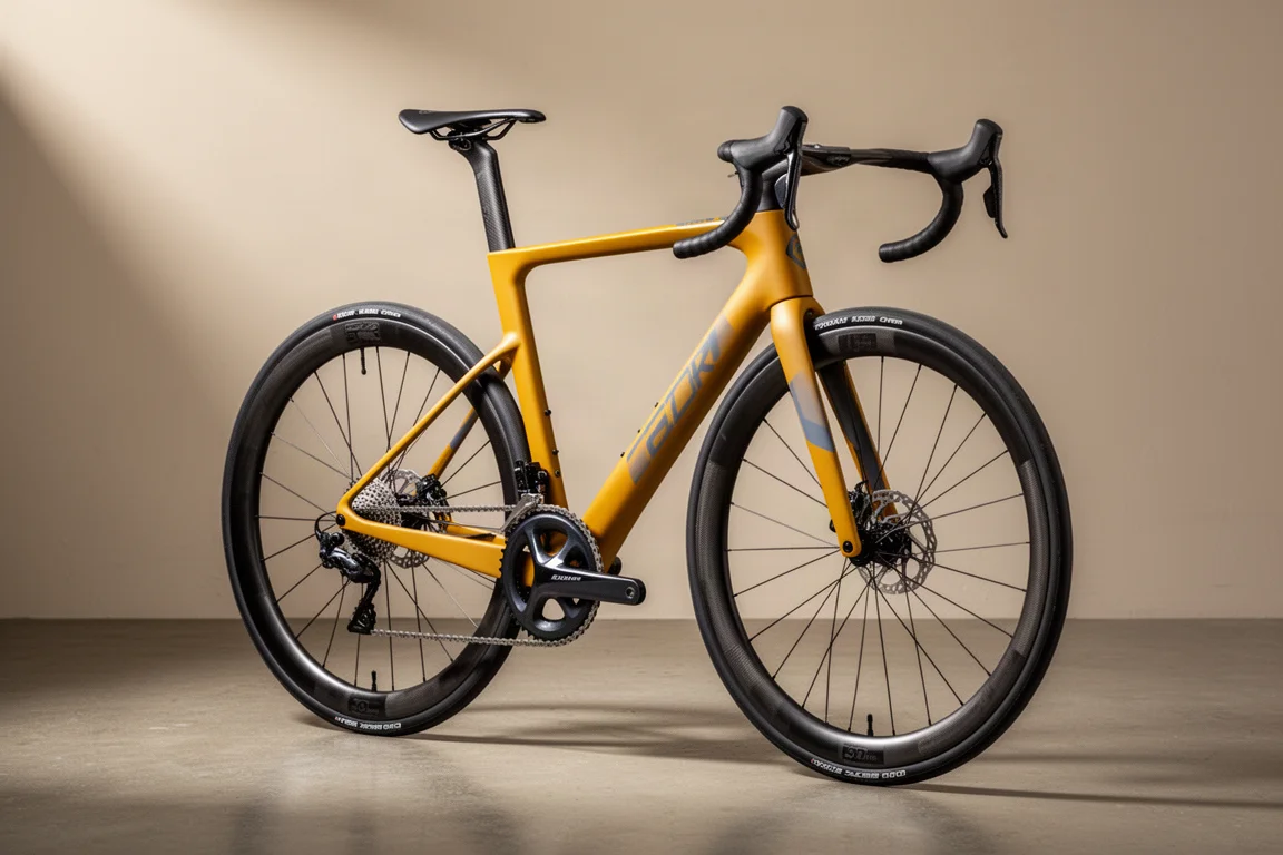 Mustard yellow carbon road bike with anthracite accents on a concrete surface