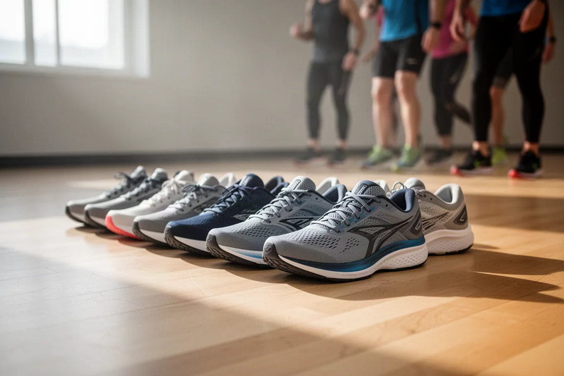 Reihe von Laufschuhen auf dem Hallenboden aufgereiht vor einem Gruppenlauf