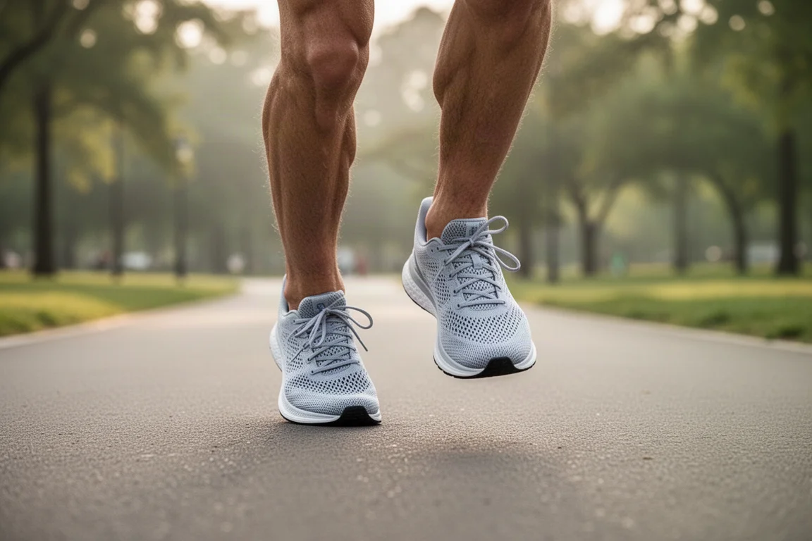 Füße eines Läufers in leichten Trainingsschuhen in der Schwungphase auf einem Asphaltweg