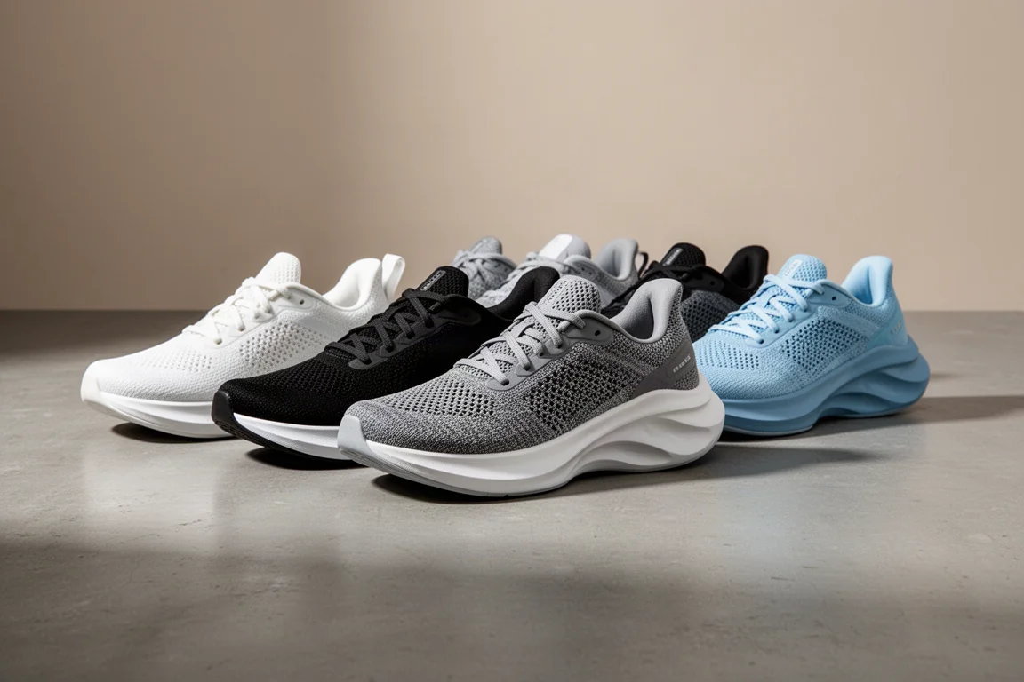 Collection of modern running shoes arranged in a row on grey concrete