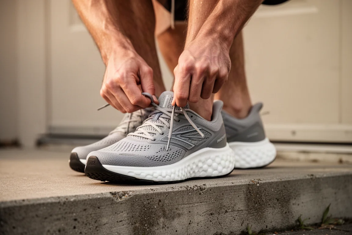 Un coureur lace une chaussure d'entraînement quotidienne amortie sur un seuil de porte à la lumière du matin