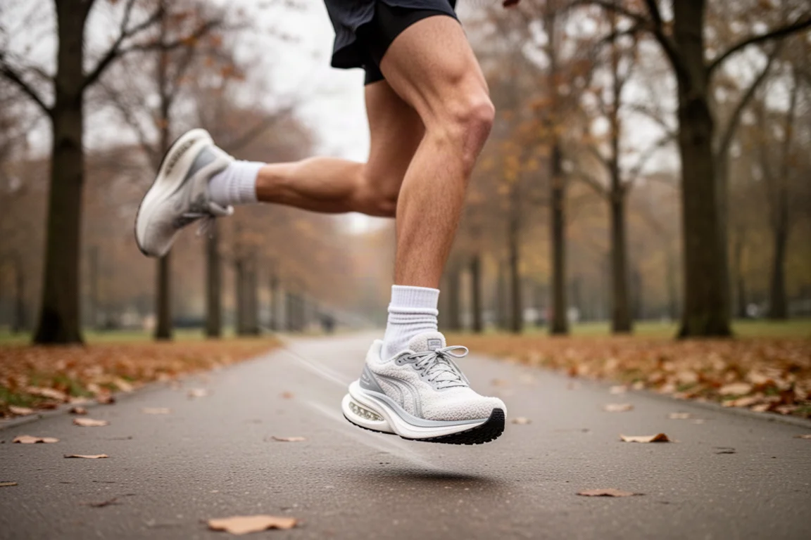 Un coureur sur un chemin paisible de parc portant une chaussure quotidienne à amorti maximal