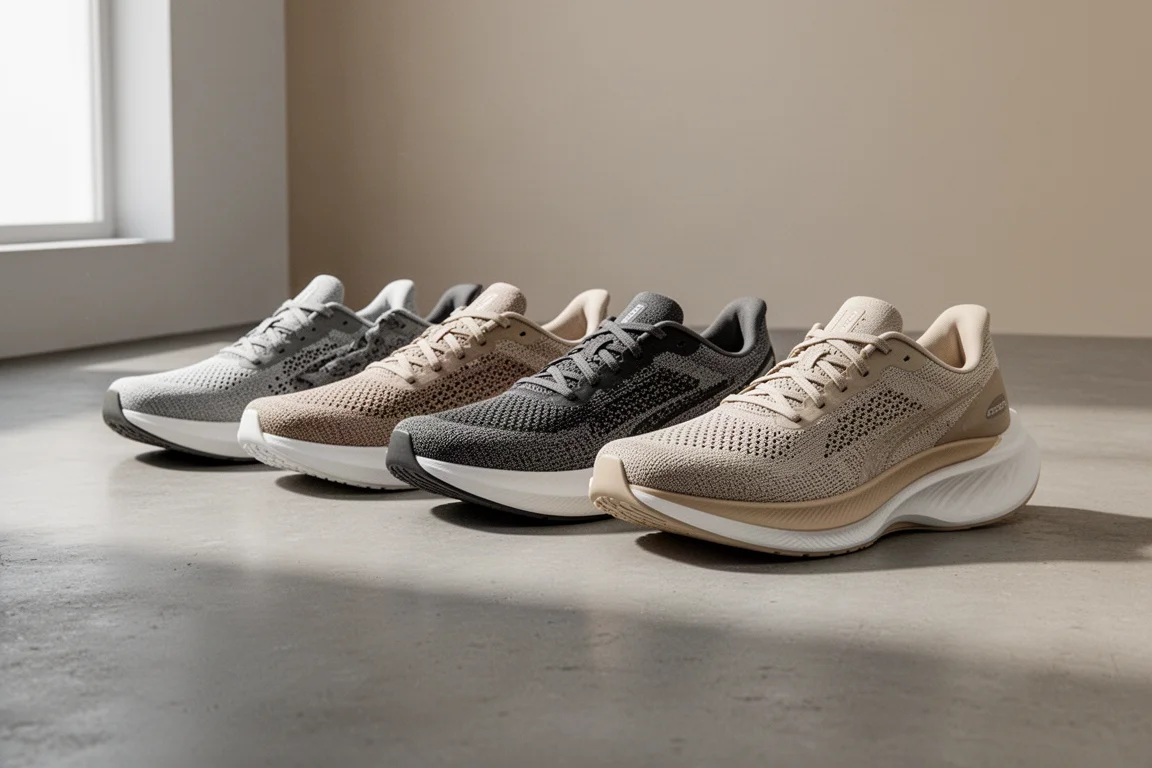 A lineup of modern running shoes with thick foam midsoles on a concrete floor