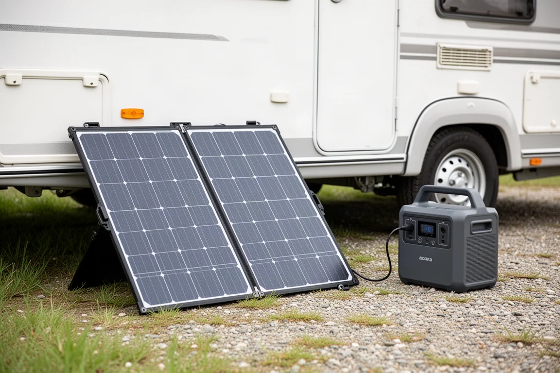 Panel solar portátil conectado a una central eléctrica al aire libre