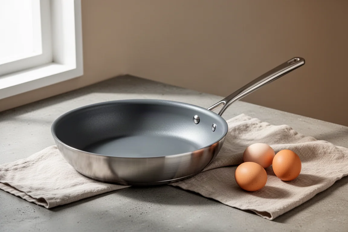 Stainless steel frying pan with matte gray titanium interior on a kitchen counter