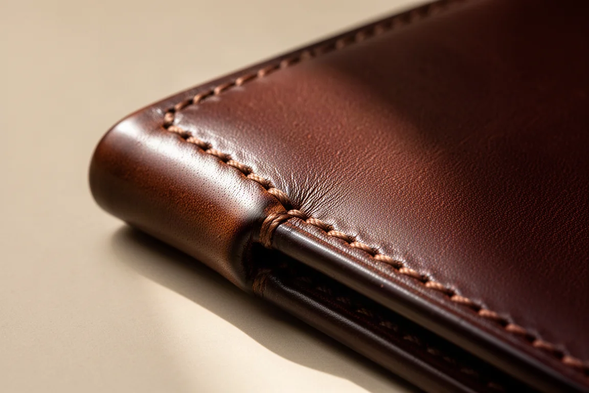 Close-up of hand stitching and burnished edges on a dark brown leather wallet
