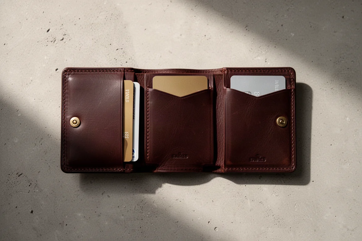 Open leather wallet showing card slots and compartments filled with credit cards