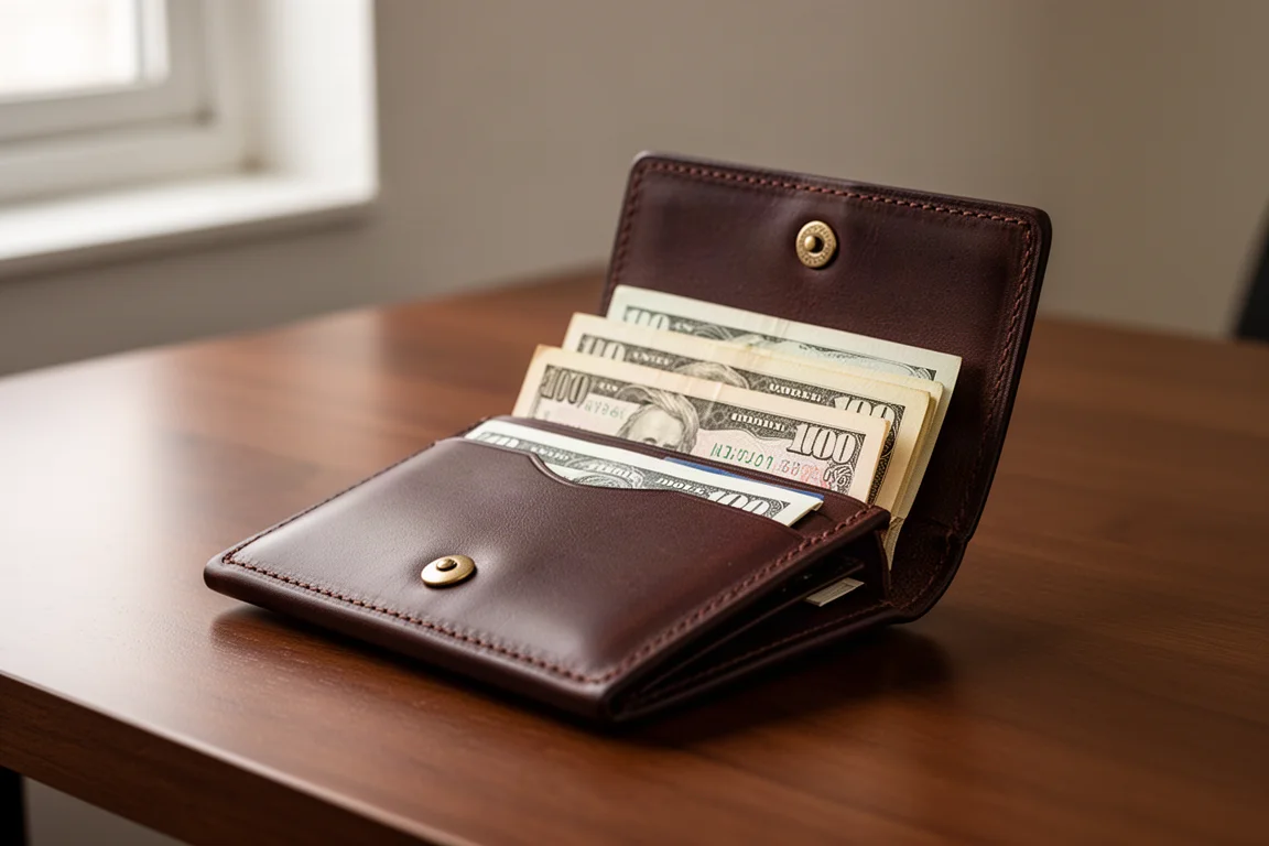 Folded banknotes tucked into the cash compartment of an open leather wallet