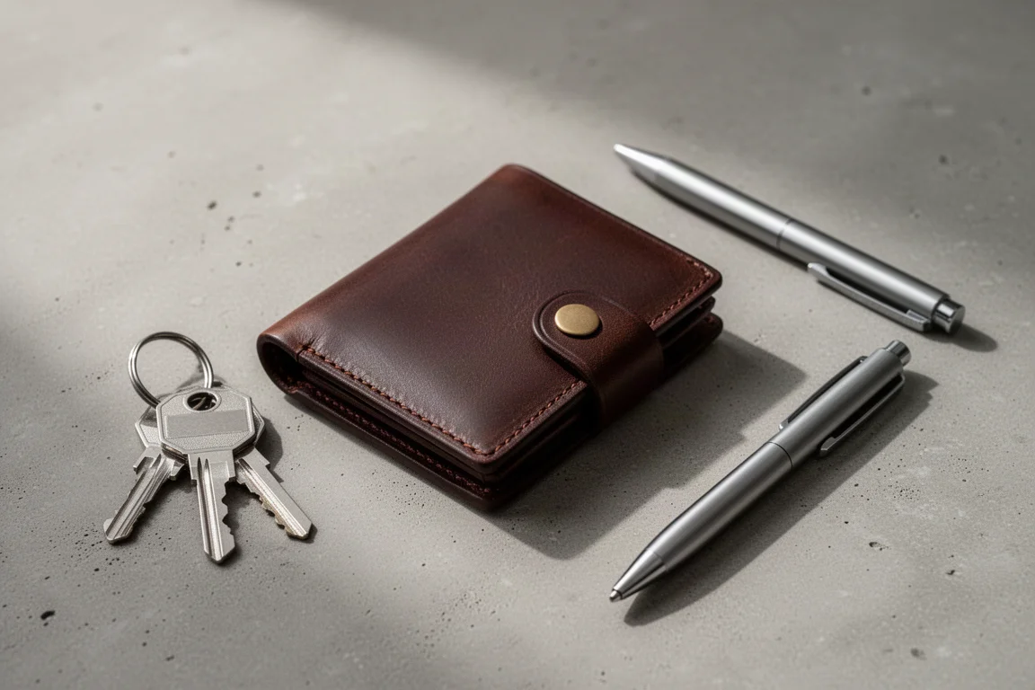 Leather wallet on a desk beside keys and everyday carry items