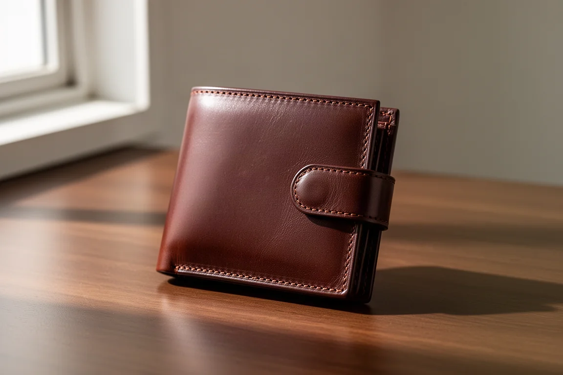 Dark brown leather snap wallet on a brushed wood desk