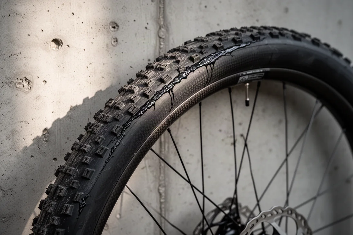 Primo piano di uno pneumatico cyclocross tassellato e cerchio gravel in carbonio a profilo alto