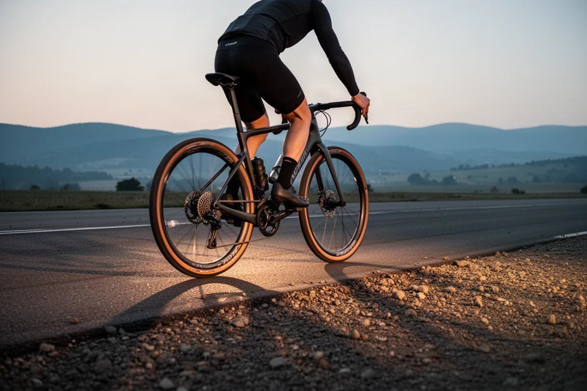 Ciclista gravel su bici in carbonio veloce su terreno misto al crepuscolo