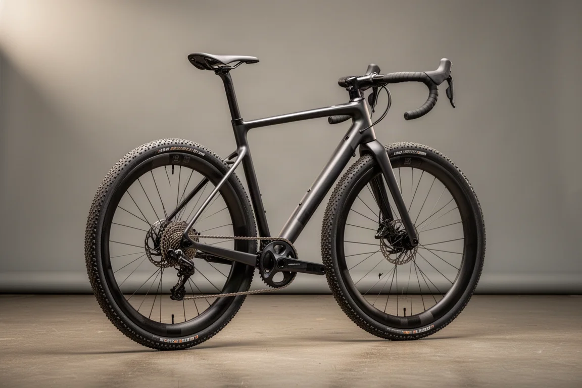 Carbon gravelbike met verbrede beugel en diepe velgen tegen een neutrale grijze achtergrond