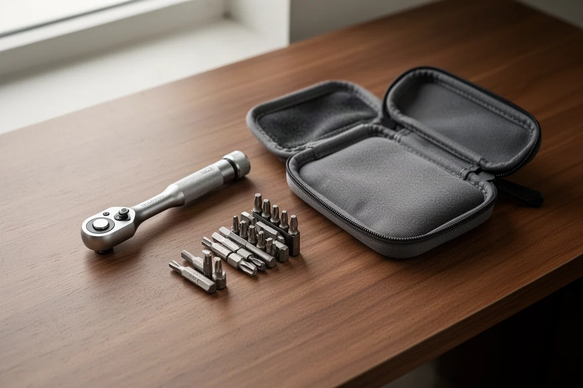 放在桌上準備收拾的小型 EDC 工具套裝