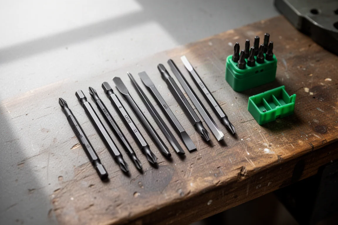 Eight screwdriver bits laid out in two neat rows on a workbench