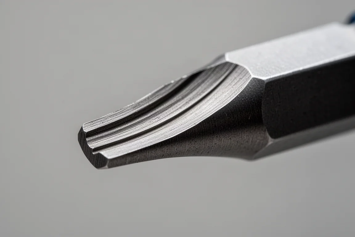 A slotted bit tip held close to the camera showing a refined flat profile
