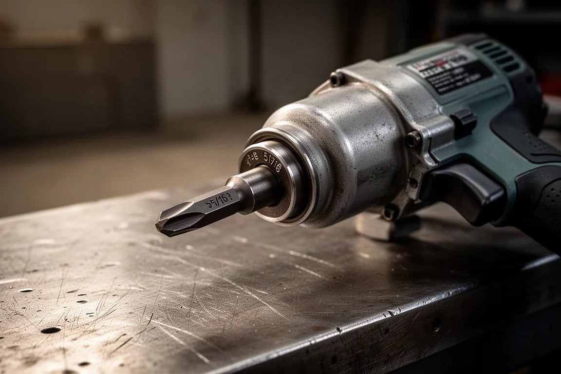 A hand loading a 5/16 inch bit into a manual impact driver handle