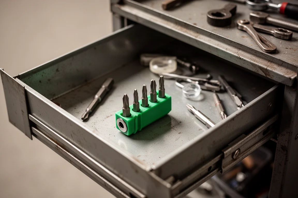 A small bit holder and spare bits resting in an open toolbox drawer