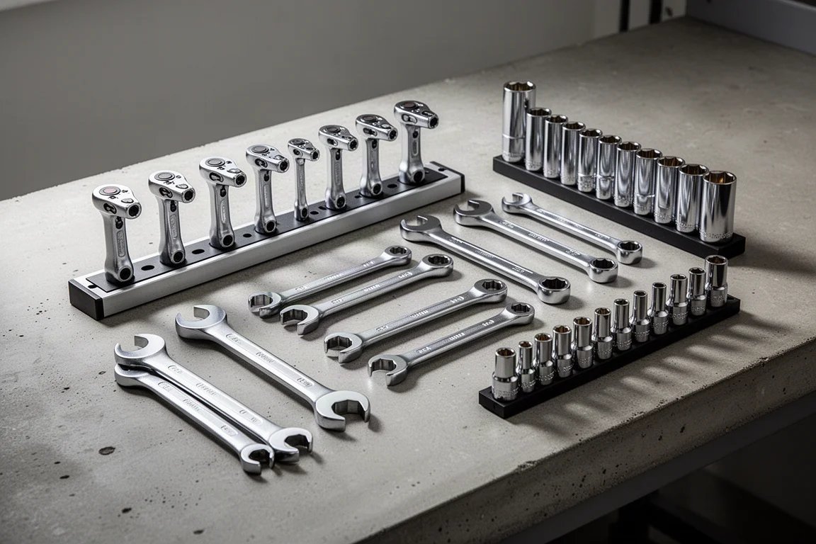 Assortment of ratcheting wrenches, offset wrenches, and sockets on a concrete workbench