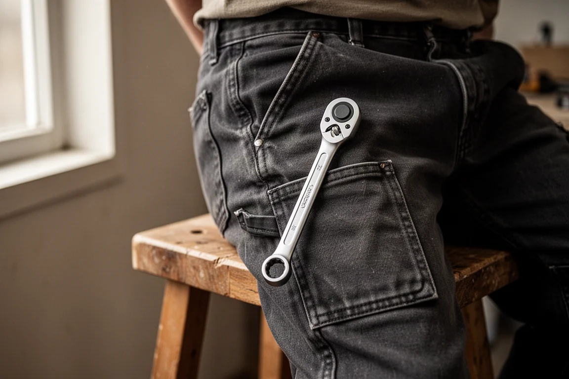 Chave compacta guardada no bolso de uma calça de trabalho, mostrando o tamanho portátil