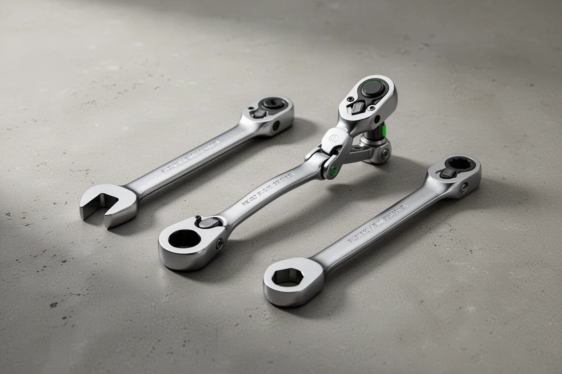 マットなコンクリートの上に置かれた、グリーンのアクセントが入った3本の細身フレックスパームラチェットレンチ