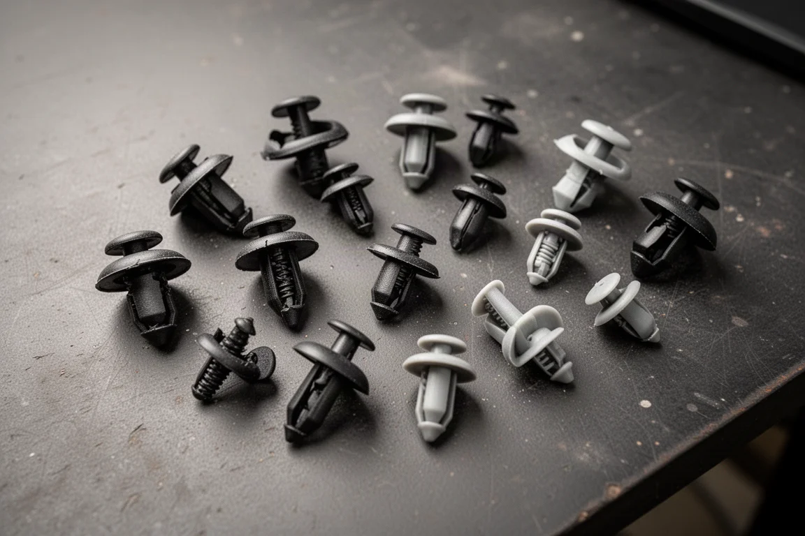 Assortiment van verwijderde plastic carrosseriekliks uitgestald op een werkbank