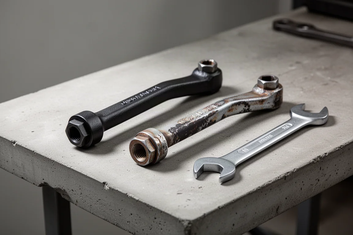 Two wrench extender tools and a combination wrench on a concrete workbench