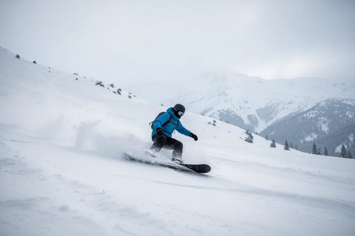 Snowboardzista ciągnący łuk przez głęboki puch na otwierającym się stoku górskim
